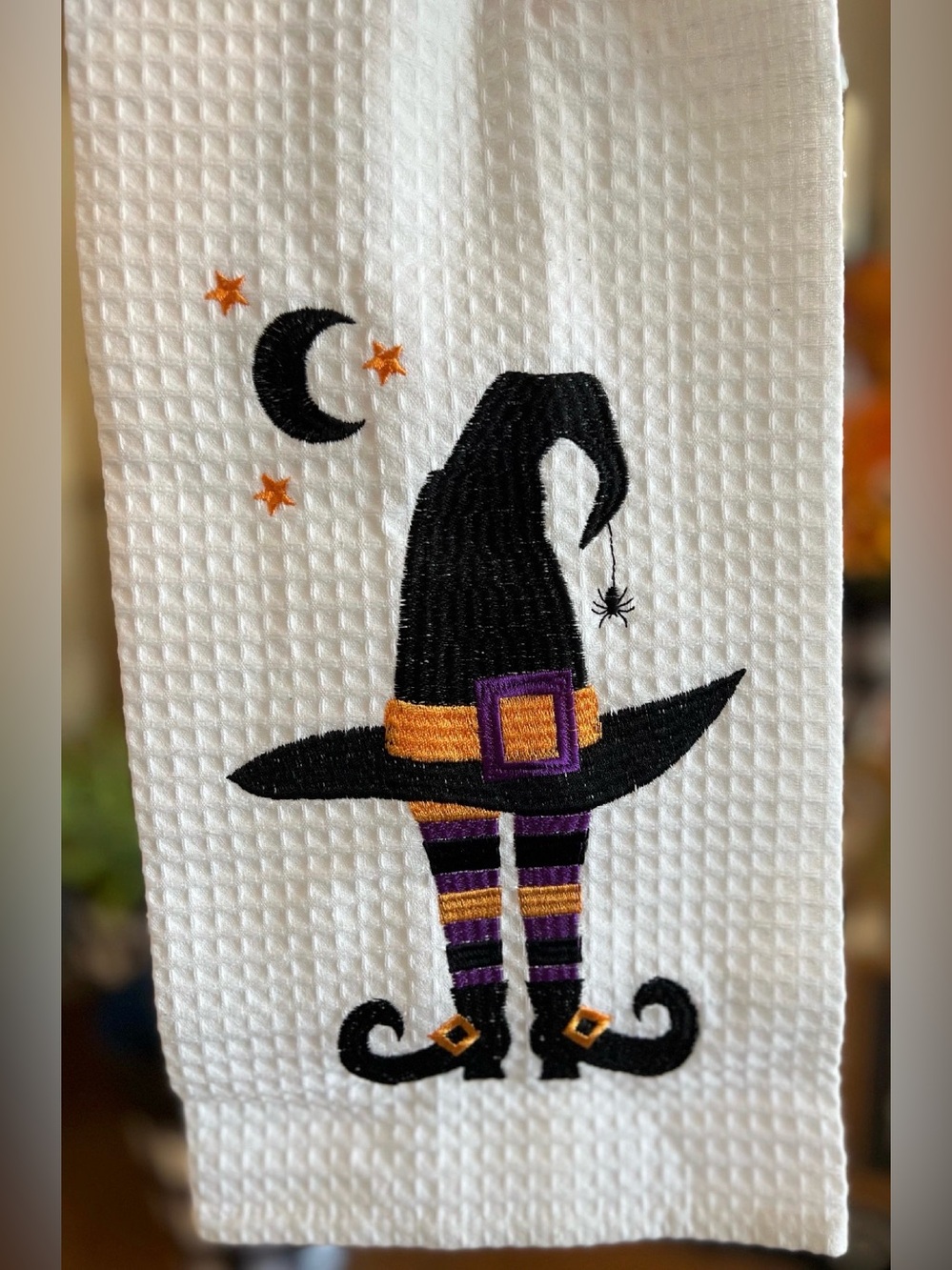 Halloween Witch Embroidered Tea Towel - White with Black, Purple & Orange